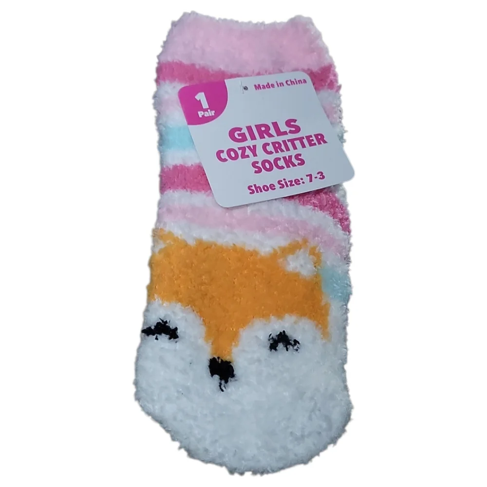 NWT Girls Cozy Critter Socks Pink White Orange Fleece Fox Shoe Sz 7-3